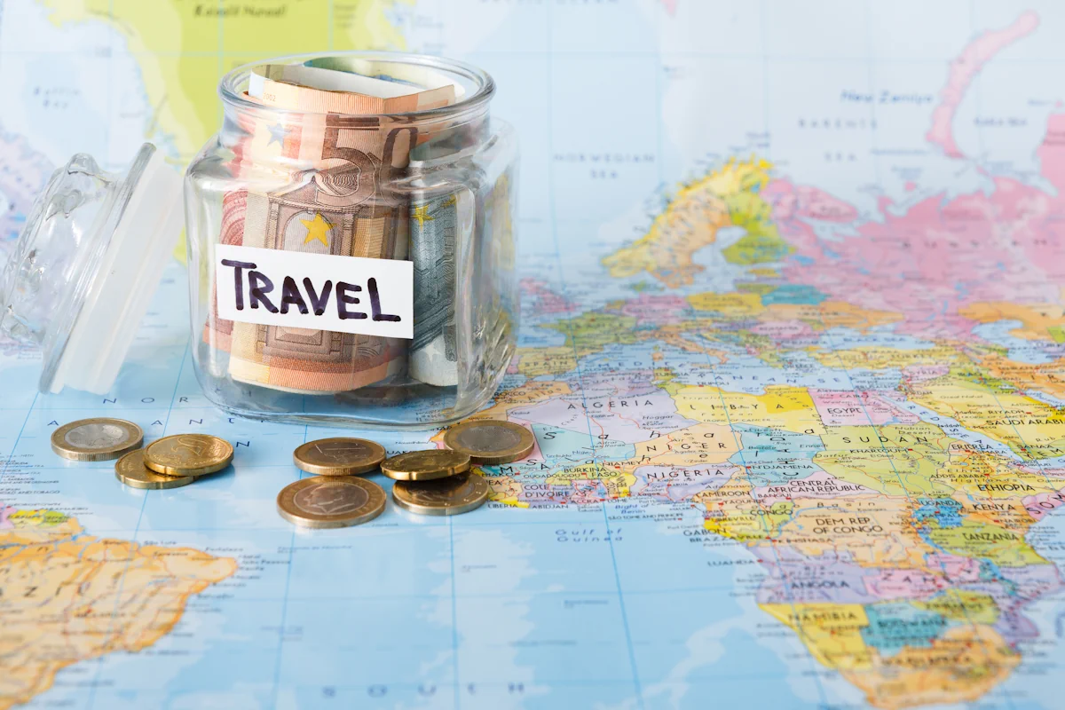 Un pot avec de l'argent devant et le mot TRAVEL écrit sur le devant posé sur une carte du monde