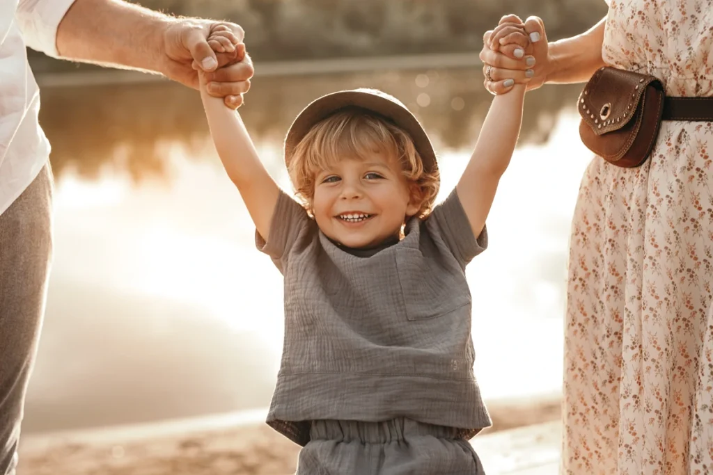 Un enfant souriant qui tient la main à ses deux parents