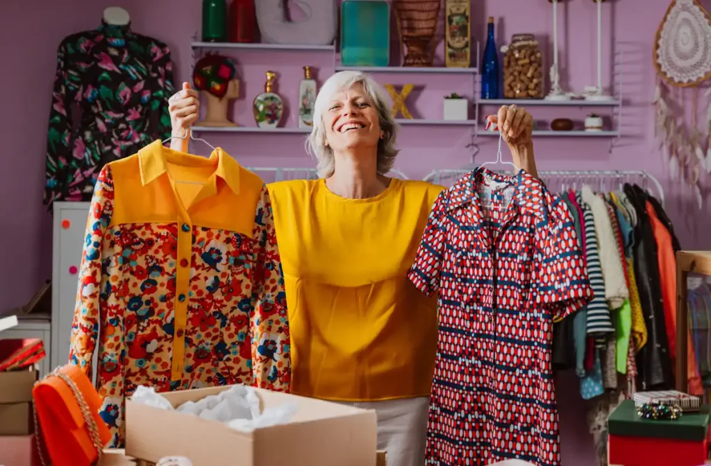 Une femme qui tient deux vêtements colorés et avec des motifs dans ses mains