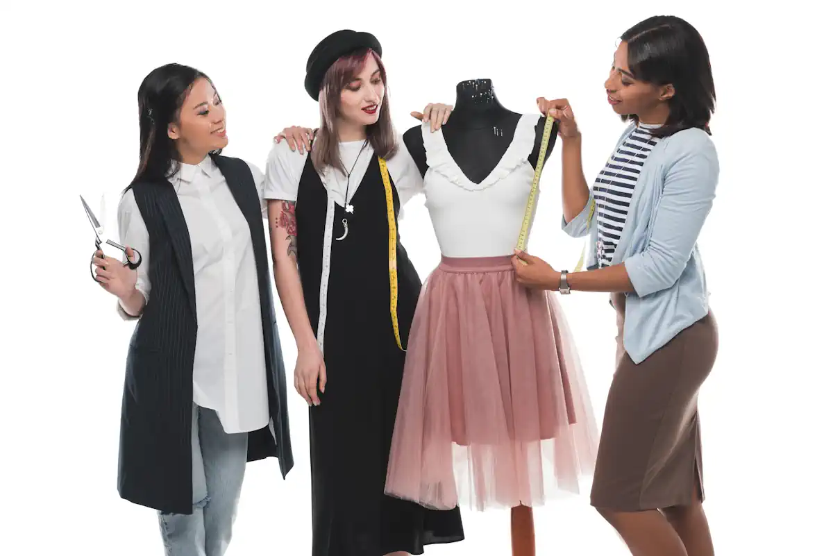 3 femmes qui discutent autour d'un mannequin où il y a une robe