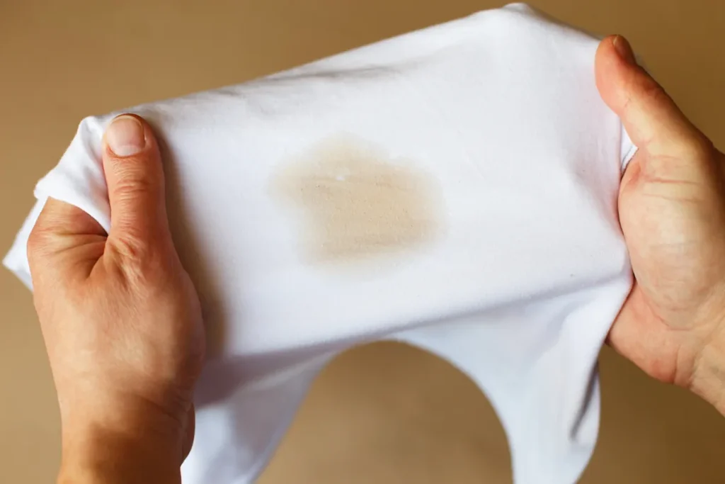 Une personne qui tient un vêtement blanc avec une tache