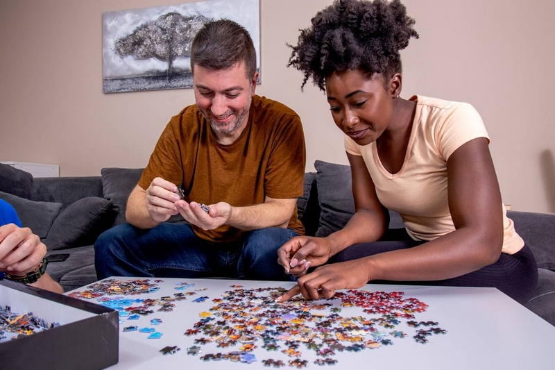 Adultes concentrés en train de monter un puzzle 3D mécanique