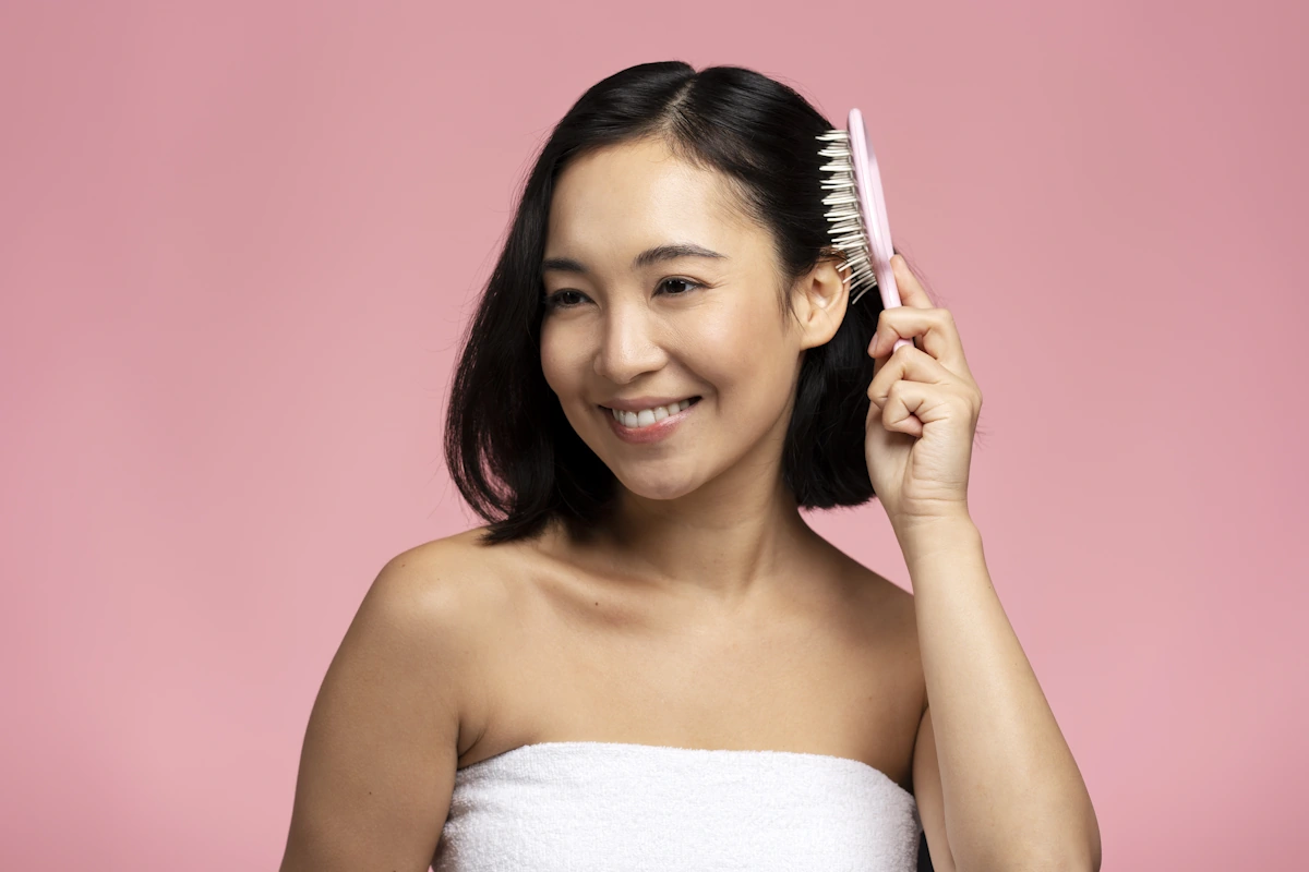 Une femme avec un carré qui se brosse les cheveux