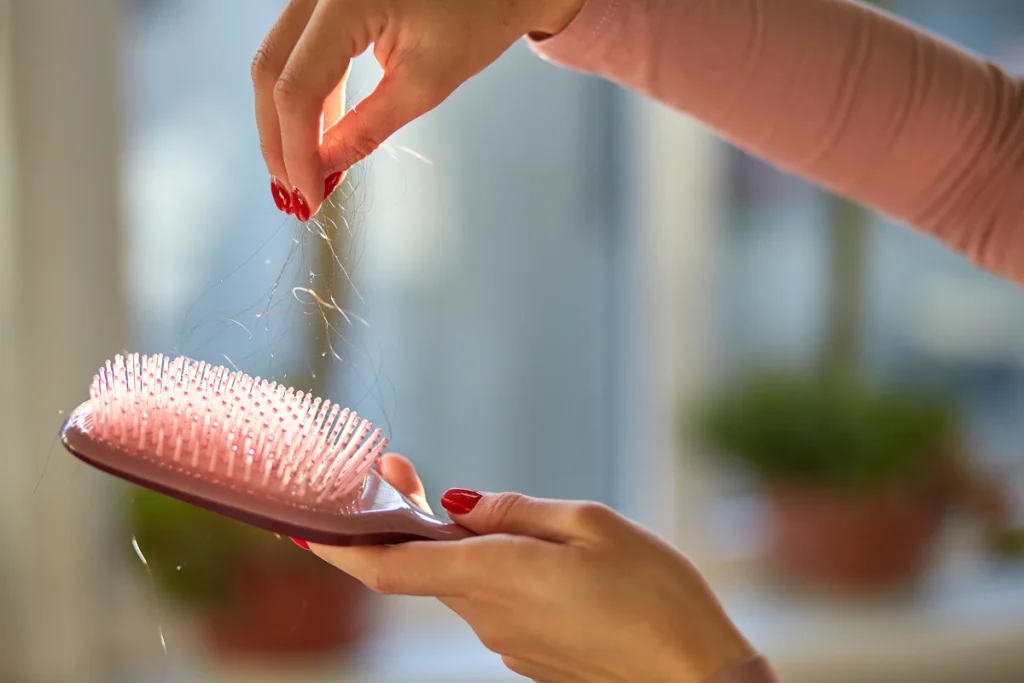 Une personne qui enlève les chutes de cheveux sur une brosse